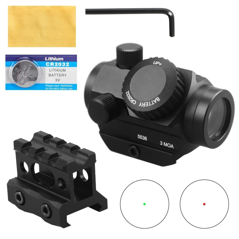 Red / Green Dot Sight 2 MOA Reflex Gun Sight Rifle Scope With 1 inch Riser Mount