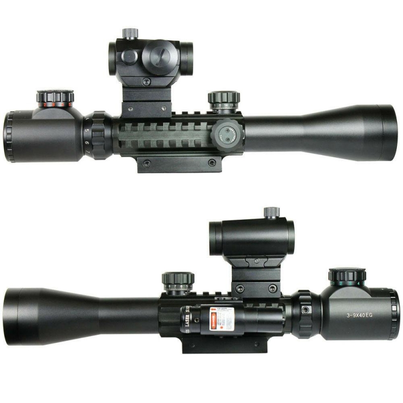 3-9X40 illuminated Tactical Rifle Scope + Red Laser-Dot Sight with Rail Riser