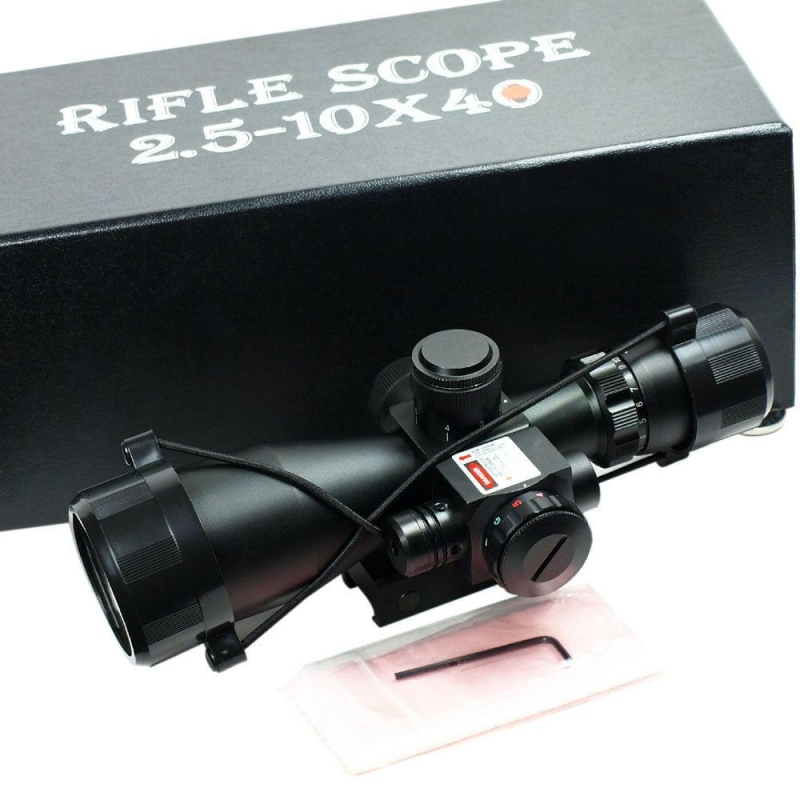2.5-10x40 Tactical Rifle Scope Red Laser Dual illuminated Mil-dot wit Rail Mount