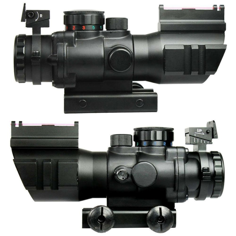 4X32 Prismatic Rifle Scope with Fiber Optic Sight Tri-illuminated BDC Recticle