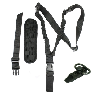 Tactical Single One Point Bungee Gun Rifle Sling + QD + HK + Pad + Swivel Mount
